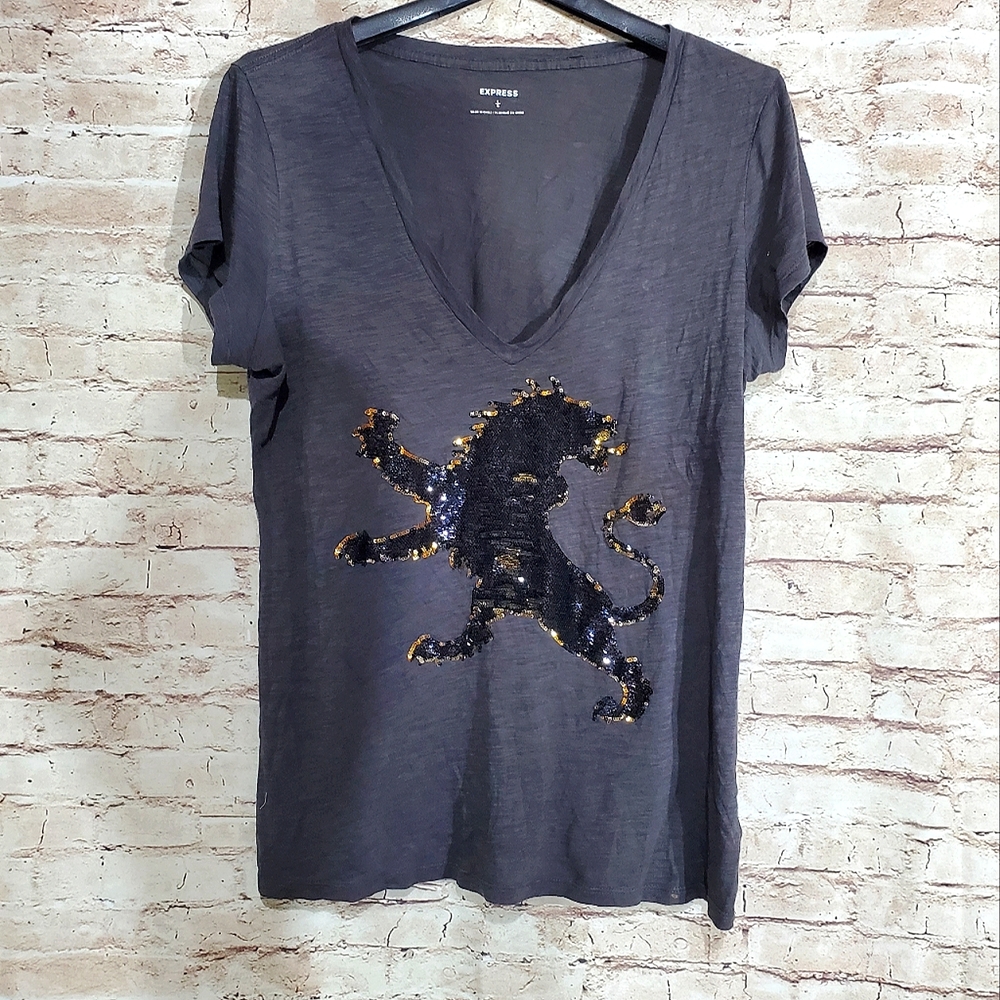 Express Sequin Lion T-shirt Sz L EUC